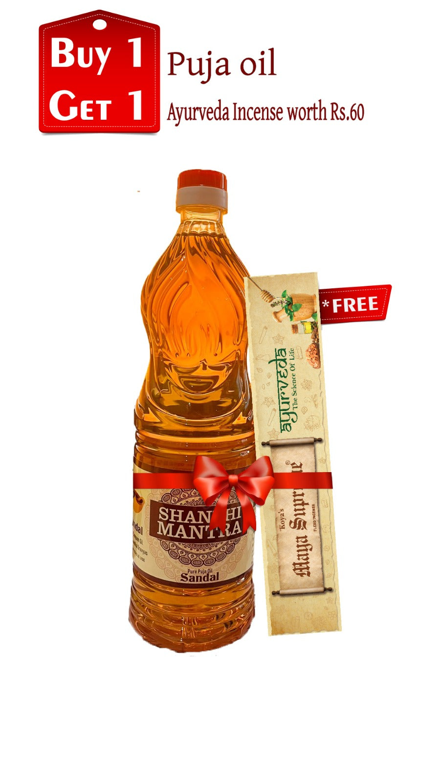 Buy 1 Get 1 offer on Shanti Mantra Sandal Puja Oil – Free Ayurveda Incense worth ₹60 included, ideal for spiritual rituals and pooja ceremonies.