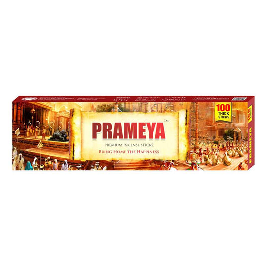 Box of Prameya premium incense, featuring a detailed illustration of a traditional Indian palace procession. The packaging highlights that it contains 100 thick sticks and includes the tagline 'Bring Home The Happiness'.