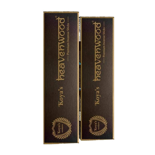 Box of Koya’s Heavenwood incense sticks with dark brown packaging and gold lettering. The design features a simple premium look with the brand’s crest logo at the bottom.