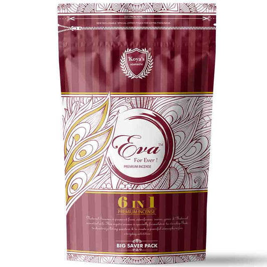 Koya's Eva 6 in 1 premium incense in a large, deep red big saver pack zipper pouch. The packaging is decorated with a white and yellow peacock feather line-art design, the Koya's Agarbatti crest, and text describing its use for a peaceful atmosphere.