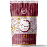 Koya's Eva 6 in 1 premium incense in a large, deep red big saver pack zipper pouch. The packaging is decorated with a white and yellow peacock feather line-art design, the Koya's Agarbatti crest, and text describing its use for a peaceful atmosphere.