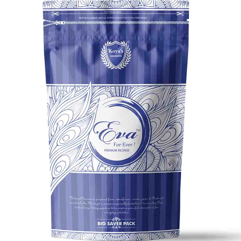 Koya's Eva premium incense big saver pack in a large, royal blue resealable zipper pouch. The packaging features an elegant, flowing white line-art design, the Koya's Agarbatti crest, and text describing its mystic aroma for a peaceful atmosphere.
