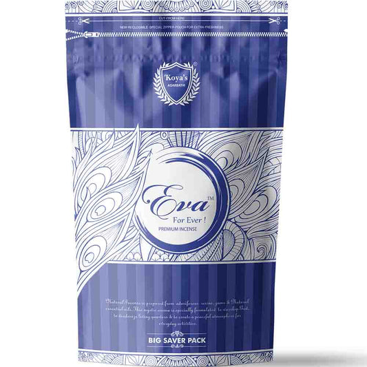 Koya's Eva premium incense big saver pack in a large, royal blue resealable zipper pouch. The packaging features an elegant, flowing white line-art design, the Koya's Agarbatti crest, and text describing its mystic aroma for a peaceful atmosphere.