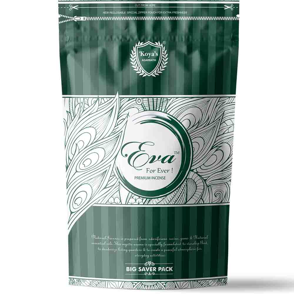 Koya's Eva premium incense saver pack in a large, dark green resealable zipper pouch. The packaging features an elegant, white feather-like line-art design, the Koya's Agarbatti crest, and text describing the mystic aroma for everyday peaceful activities.