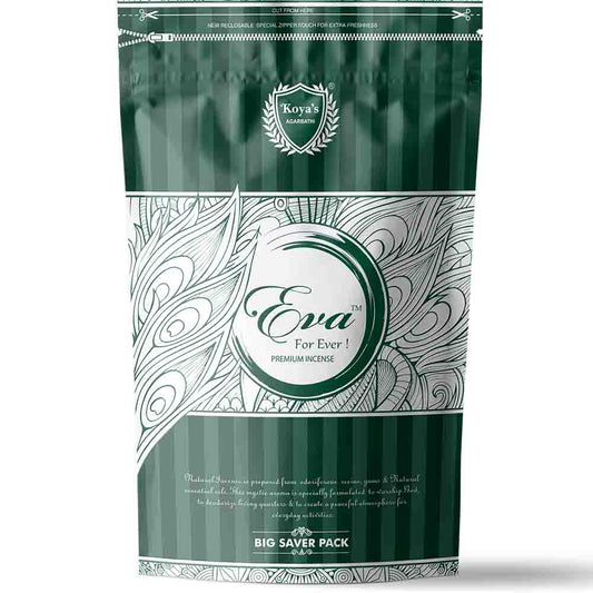 Koya's Eva premium incense saver pack in a large, dark green resealable zipper pouch. The packaging features an elegant, white feather-like line-art design, the Koya's Agarbatti crest, and text describing the mystic aroma for everyday peaceful activities.