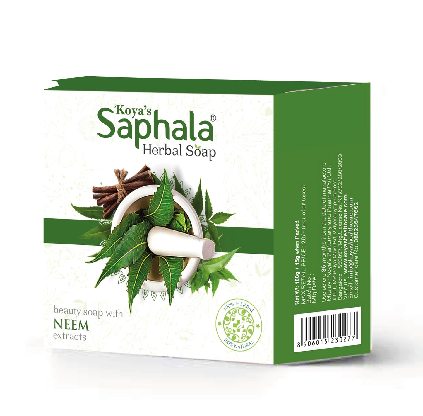 Box of Koya's Saphala herbal neem soap in white and green packaging, featuring an illustration of fresh neem leaves and cinnamon in a mortar. The label highlights its formulation as a beauty soap with neem extracts and a 100% natural herbal logo.