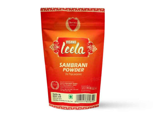 Orange and red pouch of Koya's Vishnu Leela Sambrani powder, designed for Puja purposes. The packaging features the brand name in a decorative red floral box and the Koya's crest logo at the top.