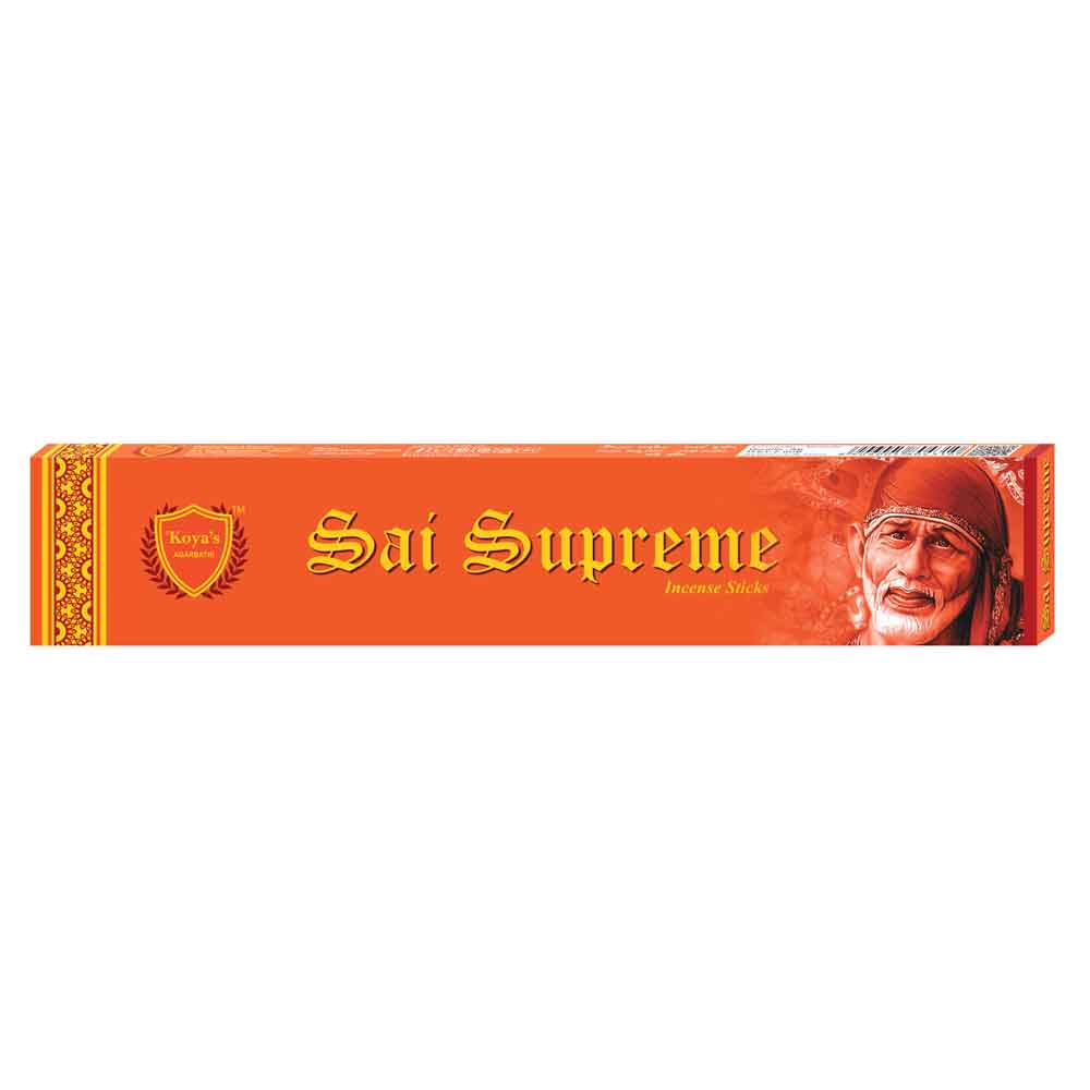 Orange rectangular box of Koya's Sai Supreme incense sticks, featuring the Koya's Agarbatti crest and a portrait of the spiritual leader Sai Baba. The product name is displayed in a traditional font in the center.