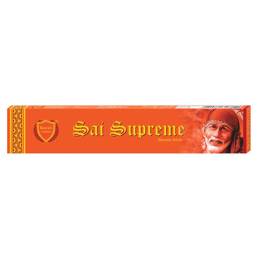Orange rectangular box of Koya's Sai Supreme incense sticks, featuring the Koya's Agarbatti crest and a portrait of the spiritual leader Sai Baba. The product name is displayed in a traditional font in the center.