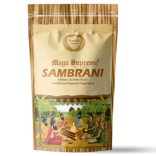 Pouch of Koya's Maya Supreme Sambrani herbal incense with a beige wood-textured design. The packaging features the Koya's Agarbatti crest and a traditional illustration of a sacred fire ritual, highlighting its 'Traditional Natural Fragrance'.