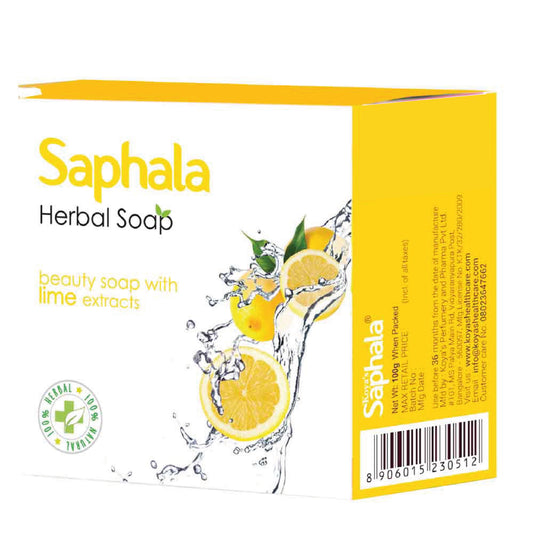 Box of Saphala lime herbal soap with fresh, sliced limes splashing in water on the packaging. The label highlights its formulation with lime extracts and features a 100% natural herbal logo.