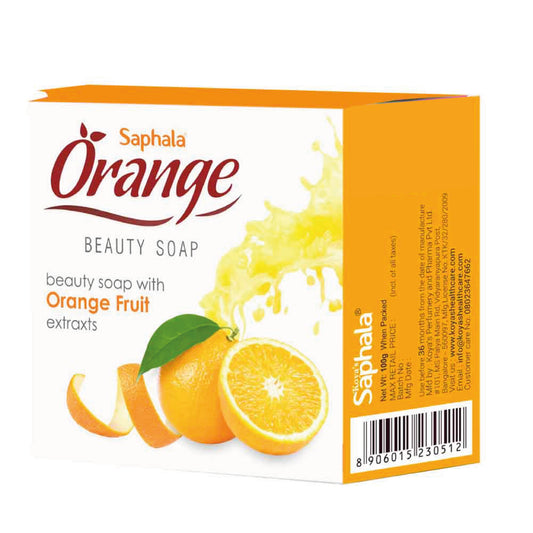 Box of Saphala orange fruit soap in white and orange packaging, showing a whole and sliced fresh orange with a splash of juice. The label highlights its formulation as a beauty soap with orange fruit extracts.