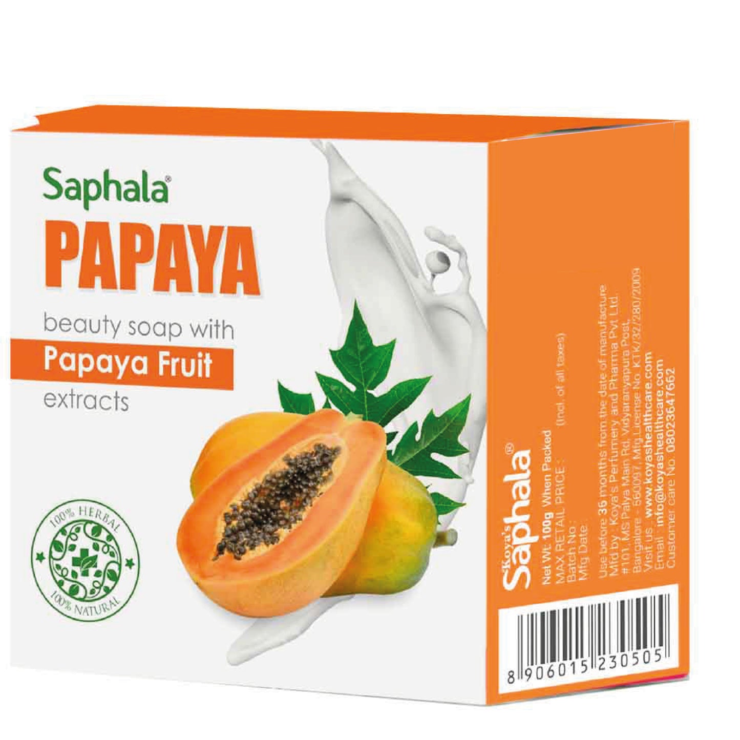 Box of Saphala papaya fruit soap in white and orange packaging, featuring a ripe, sliced papaya with green leaves and a cream splash. The label highlights its papaya fruit extracts and displays a 100% natural herbal logo.