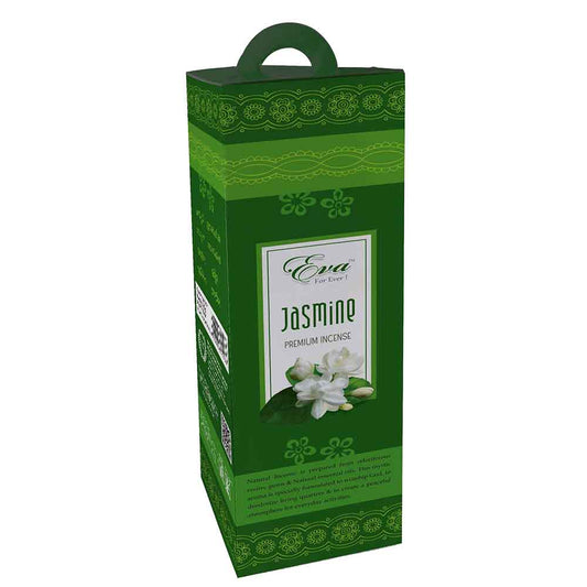 Tall green hexagonal box of Eva jasmine premium incense with a traditional pattern and carrying handle. The front label features an illustration of white jasmine flowers and describes the natural aroma as ideal for worship and peaceful everyday activities.