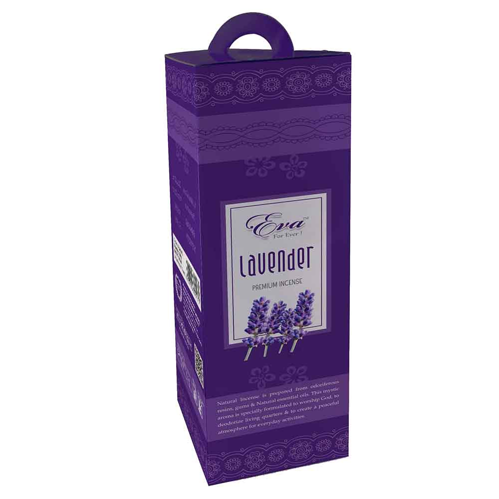 Tall purple hexagonal box of Eva lavender premium incense with a traditional pattern and carrying handle. The front label features an illustration of lavender sprigs and describes the mystic aroma as ideal for worship and peaceful everyday activities.