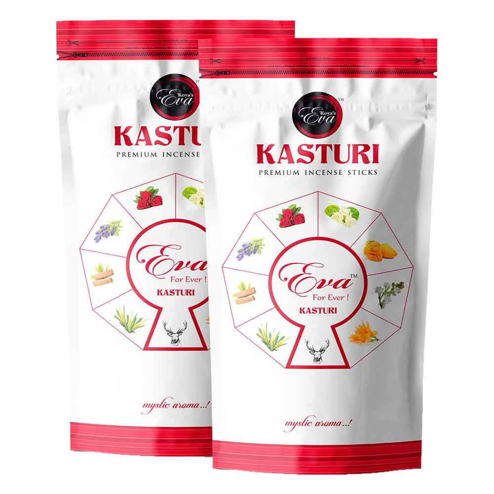 Two pouches of Koya's Eva Kasturi premium incense in a white and red zipper pouch. The packaging features an octagonal diagram of various natural ingredients like strawberry, jasmine, and cinnamon, with the label describing a 'mystic aroma'.