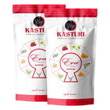 Two pouches of Koya's Eva Kasturi premium incense in a white and red zipper pouch. The packaging features an octagonal diagram of various natural ingredients like strawberry, jasmine, and cinnamon, with the label describing a 'mystic aroma'.