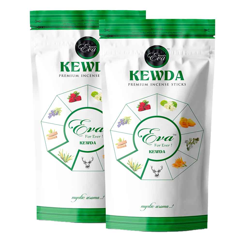 Two pouches of Koya's Eva Kewda premium incense in a white and green zipper pouch. The packaging features a circular diagram of various natural ingredients like hibiscus, jasmine, and cinnamon, with the label describing a 'mystic aroma'.