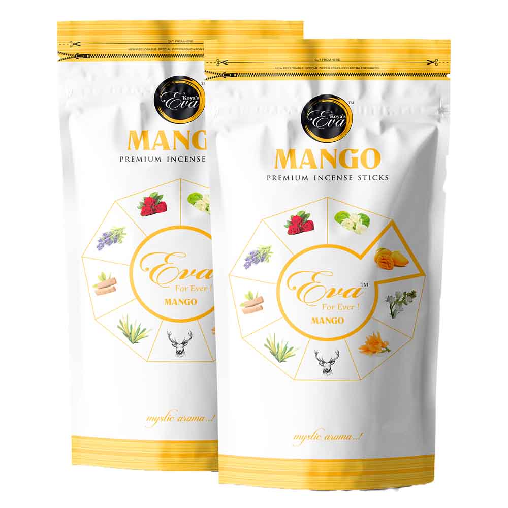 Two pouches of Koya's Eva mango premium incense in a white and golden-yellow zipper pouch. The packaging features a circular diagram of various natural ingredients like strawberry, jasmine, and sliced mango, with the label describing a 'mystic aroma'.