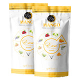 Two pouches of Koya's Eva mango premium incense in a white and golden-yellow zipper pouch. The packaging features a circular diagram of various natural ingredients like strawberry, jasmine, and sliced mango, with the label describing a 'mystic aroma'.
