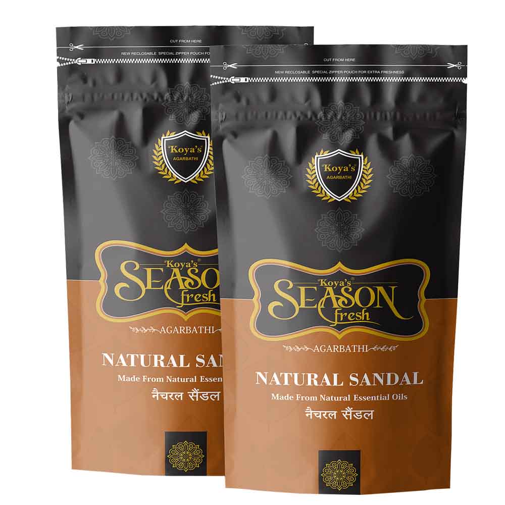 Two pouches of Koya's Season Fresh natural sandal agarbatti in a black and brown zipper pouch. The premium packaging features the Koya's Agarbatti crest and indicates the incense is made from natural essential oils, with 'Natural Sandal' in both English and Hindi.