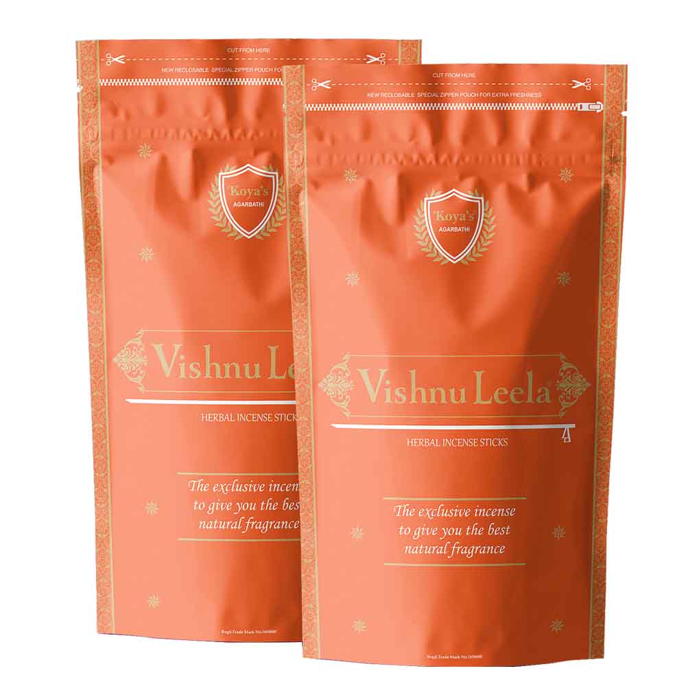 Two pouches of Koya's Vishnu Leela herbal incense sticks in a matte terracotta-colored zipper pouch. The elegant packaging features the Koya's Agarbatti crest and describes the contents as an 'exclusive incense to give you the best natural fragrance'.